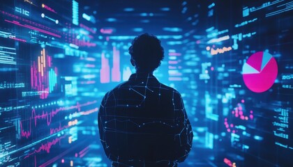 Leinwandbilder - A Silhouette of a Person Standing in Front of a Wall of Data and Charts