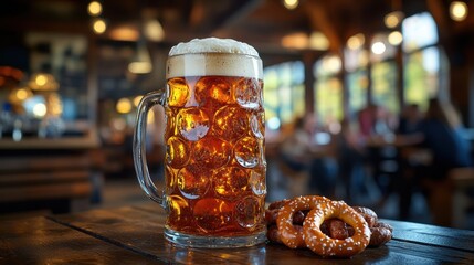 Wall Mural - Tall mug of German beer with foam head on rustic table in Bavarian beer hall with festive crowd.

