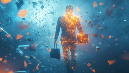 Poster - A Businessman Silhouette Composed of Glowing Particles, Holding a Briefcase, Against a Blue and Orange Background