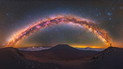 A lone figure stands on a mountain peak with the Milky Way arching over them.