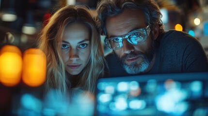 A man and woman look intently at a laptop screen, their expressions focused and determined. The background is blurred, suggesting a late night work session.