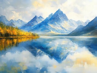 Wall Mural - Mountain lake reflection with vibrant water, soft lighting, serene atmosphere, natural beauty, photo-realism