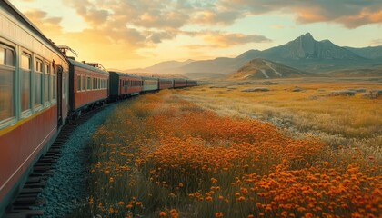 Canvas Print - Scenic train journey with vibrant landscapes, soft lighting, dynamic energy, cozy atmosphere, relaxing vibe