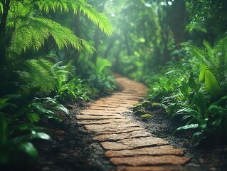 Wall Mural - Tropical rainforest path with vibrant greenery, soft natural lighting, serene atmosphere, dynamic composition