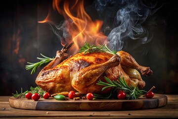 Whole roasted chicken with flames and smoke on dark background