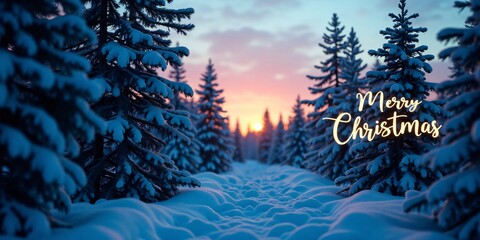 A snowy pine forest at dusk on the left side, with (Merry Christmas) in soft, glowing white text on the right.