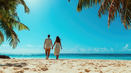 Wall Mural - couple walking hand in hand on a tropical beach under palm trees.