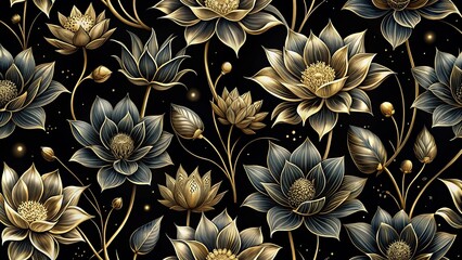 Wall Mural - Opulent Bloom in a Dark Night Sky, a Symphony of Gold and Shadow,  A Dance of Intricate Petals Against a Velvet Background