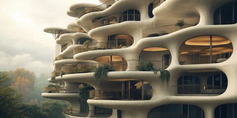 Poster - Futuristic residential building with organic shapes blending with nature, featuring balconies and lush vegetation