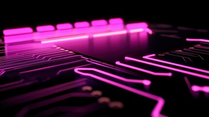 Wall Mural - a close-up of a futuristic circuit board lit by vibrant pink neon lights. glowing lines against a da