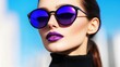 © Virtual Art Studio - A fashionable woman in oversized purple sunglasses and bold matte lipstick stands against a bright blue sky. Her chic black turtleneck radiates summer style and sophistication.
