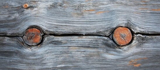 Close-up of weathered wooden plank with two knots.