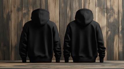 Wall Mural - black hoodie sweater photo with front and back view isolated on wooden wall background. generative ai