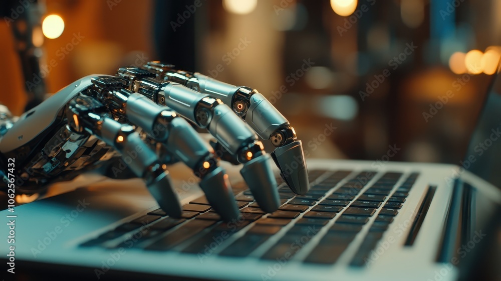 AI robot hands typing on a laptop keyboard, replacing humans by ...