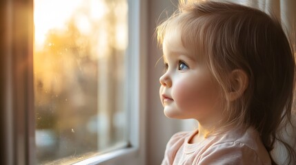 Aufkleber - Lifestyle photo of a child looking out a window with intense sunlight creating a strong contrast between light and shadow, adding depth to the scene, 4k resolution