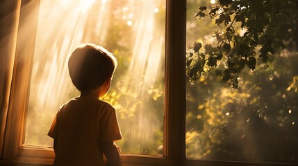 Aufkleber - Lifestyle photo of a child looking out a window with intense sunlight creating a strong contrast between light and shadow, adding depth to the scene, 4k resolution