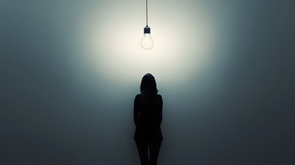 Aufkleber - Lifestyle photo of a woman standing under a bare light bulb in an empty room, the high-contrast lighting creating a sense of isolation and drama, 4k resolution