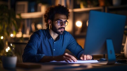 Aufkleber - Lifestyle photo of a man sitting at a desk in a dark room with a focused light illuminating his work, creating a serious, intense scene, 4k resolution