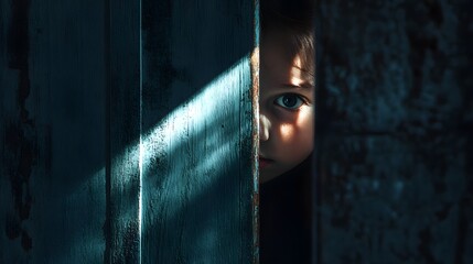 Aufkleber - Lifestyle photo of a child peeking through a cracked door with a single beam of light on their face, creating a playful yet mysterious feel, 4k resolution