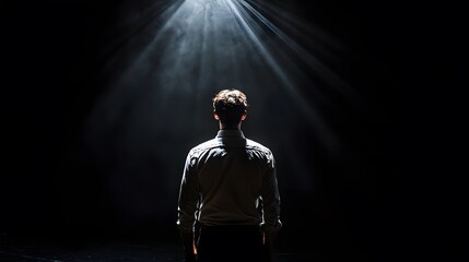 Aufkleber - Lifestyle photo of a man in a dark studio with a single overhead light, casting dramatic shadows and creating a mysterious effect, 4k resolution