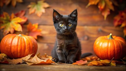 Wide-angle autumn photo of black kitten with festive Halloween decorations