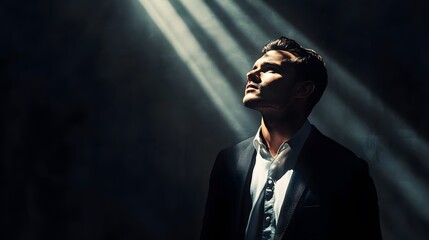 Aufkleber - Lifestyle photo of a man in a dark studio with a single overhead light, casting dramatic shadows and creating a mysterious effect, 4k resolution