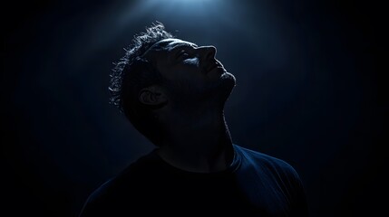 Aufkleber - Lifestyle photo of a man in a dark studio with a single overhead light, casting dramatic shadows and creating a mysterious effect, 4k resolution