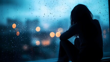 Aufkleber - Lifestyle photo of a person sitting by a window on a rainy day, the contrast between the dark room and light outside creating a contemplative mood, 4k resolution