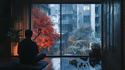 Aufkleber - Lifestyle photo of a person sitting by a window on a rainy day, the contrast between the dark room and light outside creating a contemplative mood, 4k resolution