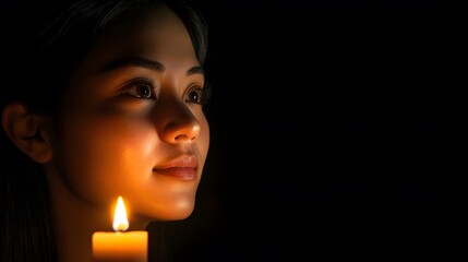 Aufkleber - Lifestyle photo of a woman standing by a flickering candle in a dark room, her face illuminated by the warm, high-contrast light, 4k resolution