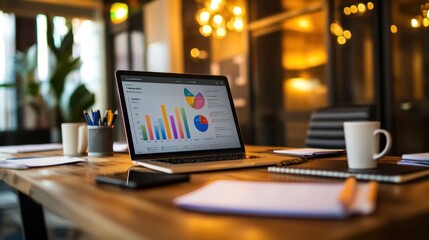 Wall Mural - Laptop with Graphs on a Desk in a Modern Office