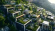 © cynz - Drone photography of a sustainable cliffside community with zero-emission homes and abundant rooftop greenery, 4k resolution