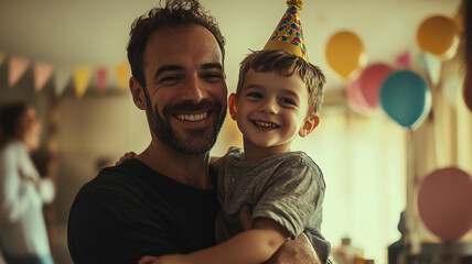 Wall Mural - Joyful dad lifts his son during a colorful birthday celebration at home with festive decorations