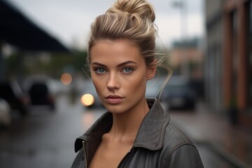 fashion portrait of a beautiful blonde woman in a leather jacket.