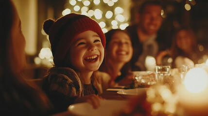 Wall Mural - Joyful children enjoying a festive dinner during the holiday season by candlelight