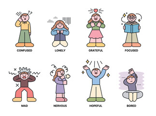 Wall Mural - a collection of iconic human characters expressing positive and negative emotions.4 outline simple v