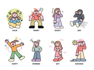 Wall Mural - a collection of iconic human characters expressing positive and negative emotions.1 outline simple v