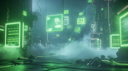 Wall Mural - virtual reality display with neon green coding scripts, geometric data grids, and transparent screen