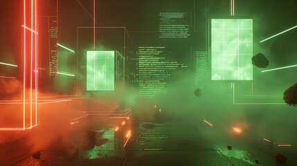 Wall Mural - virtual reality display with neon green coding scripts, geometric data grids, and transparent screen