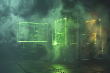 Wall Mural - virtual reality display with neon green coding scripts, geometric data grids, and transparent screen