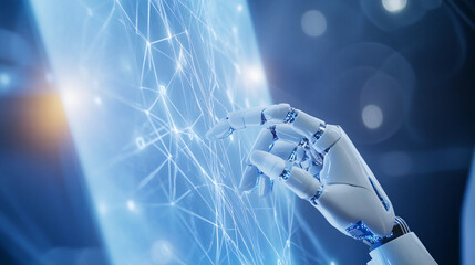 White robotic hand touches screen interactive points of light technology concept
