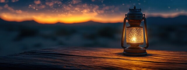 Wall Mural - A picturesque evening scene featuring a lantern and the backdrop of an orange sky over mountains.