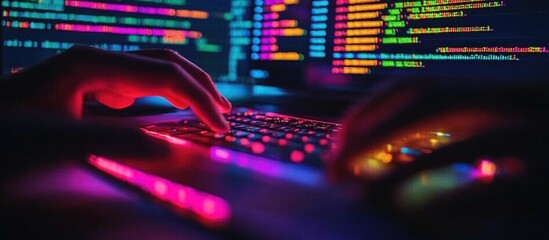 Wall Mural - close-up of hands typing on a keyboard with a computer screen in the background showing code.