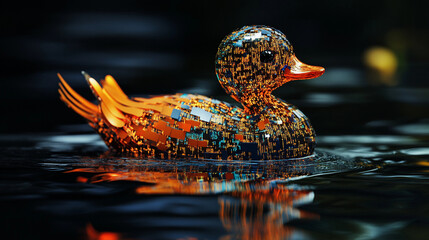 A duck made of bright glowing orange programming code data DB database analytics engine data LLM concept illustration