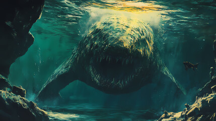 Sea monster emerging from the depths: a dark fantasy illustration. Behemoth Beast. Illustration