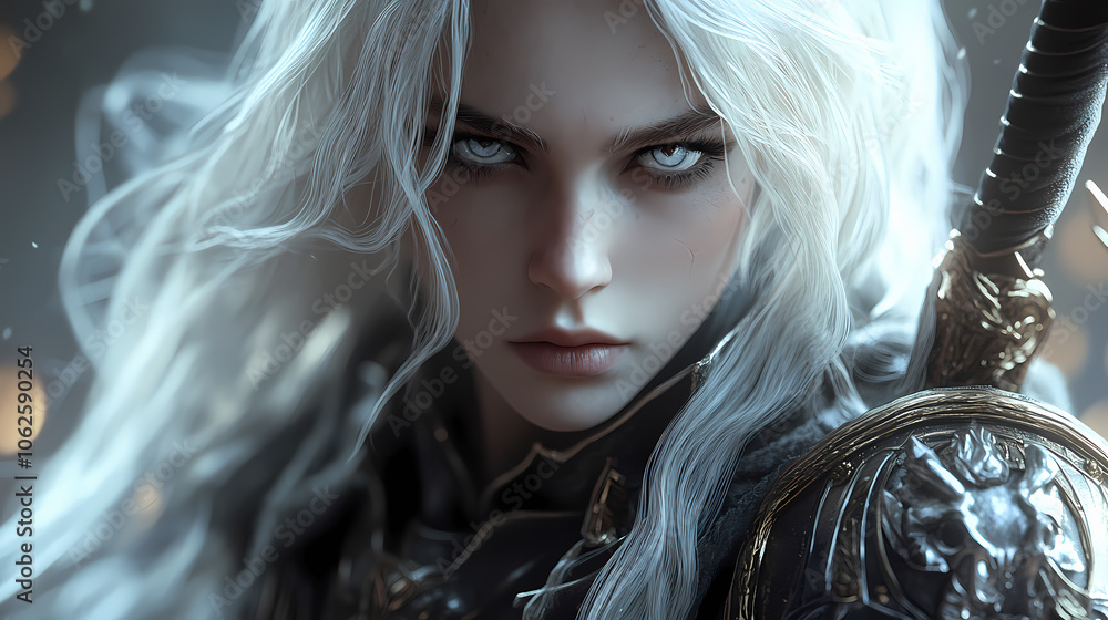 The portrait of a fantasy dark elf female warrior with white long hair ...