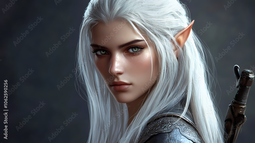 The portrait of a fantasy dark elf female warrior with white long hair ...