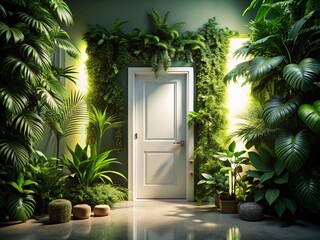 Wall Mural - A tranquil, modern interior showcases a white door adorned with lush green plants, cozy decor, and low light photography, creating a serene and inviting atmosphere.