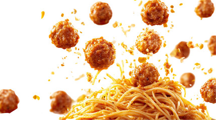 Exploding spaghetti and meatballs, isolated on white transparent PNG