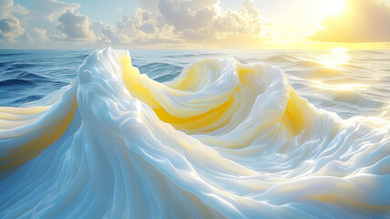 Wall Mural - Soft waves roll gently in the ocean as the sun rises, casting a warm glow. Vibrant colors blend in the water, creating a serene and peaceful atmosphere at dawn by the coast.